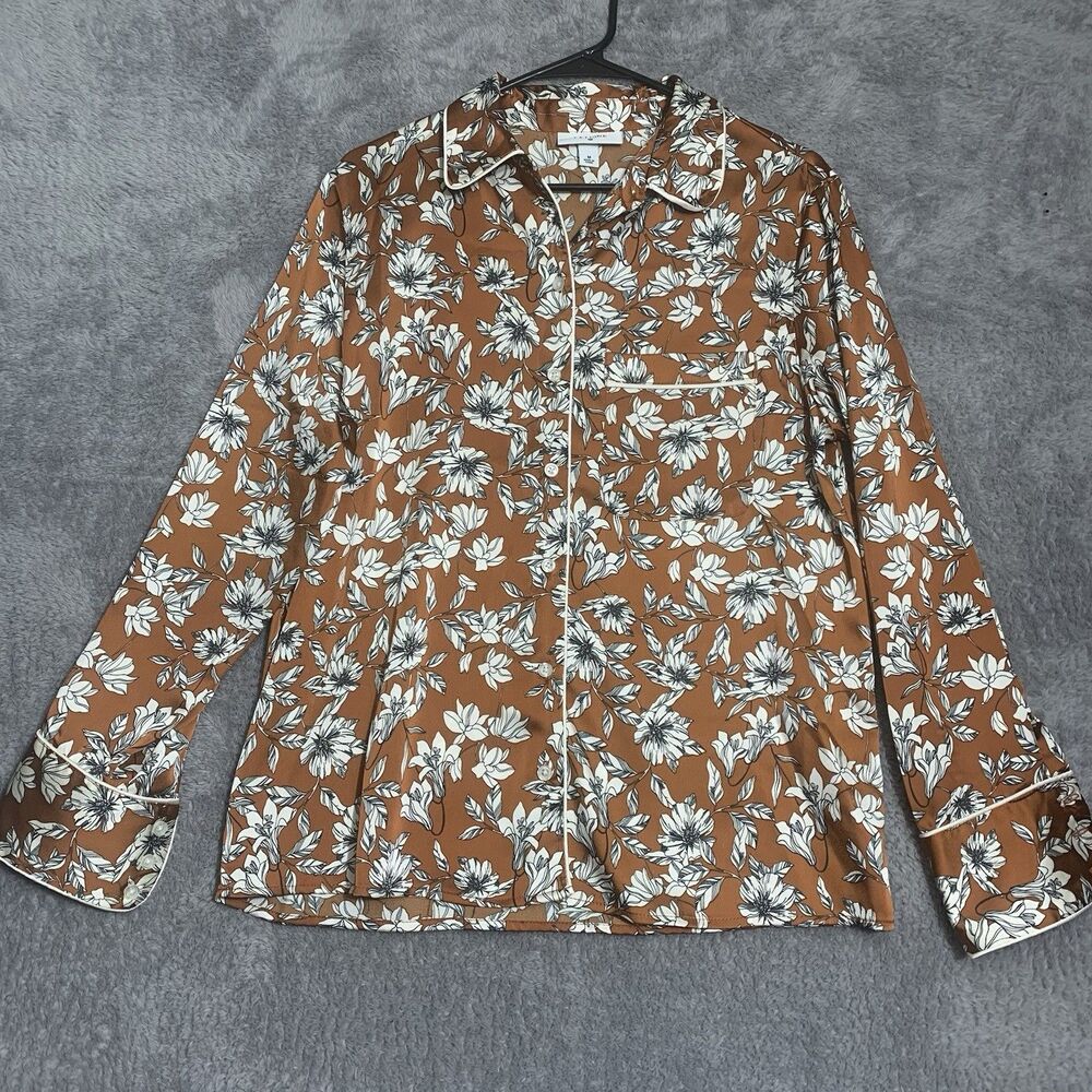 La Ligne x Target Floral Blouse Womens‎ Medium Brown Satin Pajama Style Shirt